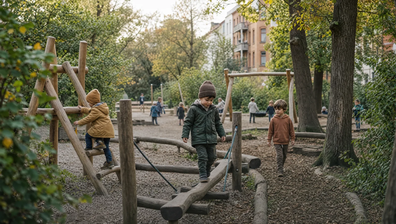 Illustratives KI-Motiv: Kinder erkunden einen grünen Spielbereich