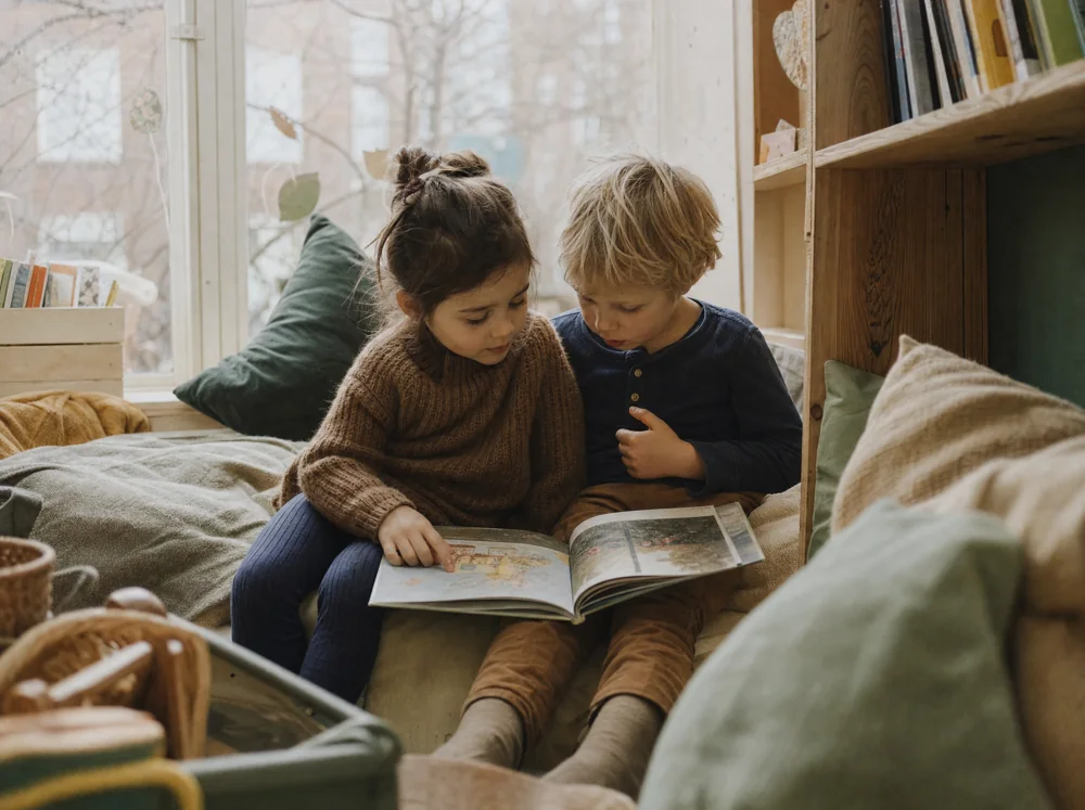 Illustratives KI-Motiv: Zwei Kinder entdecken gemeinsam ein Bilderbuch